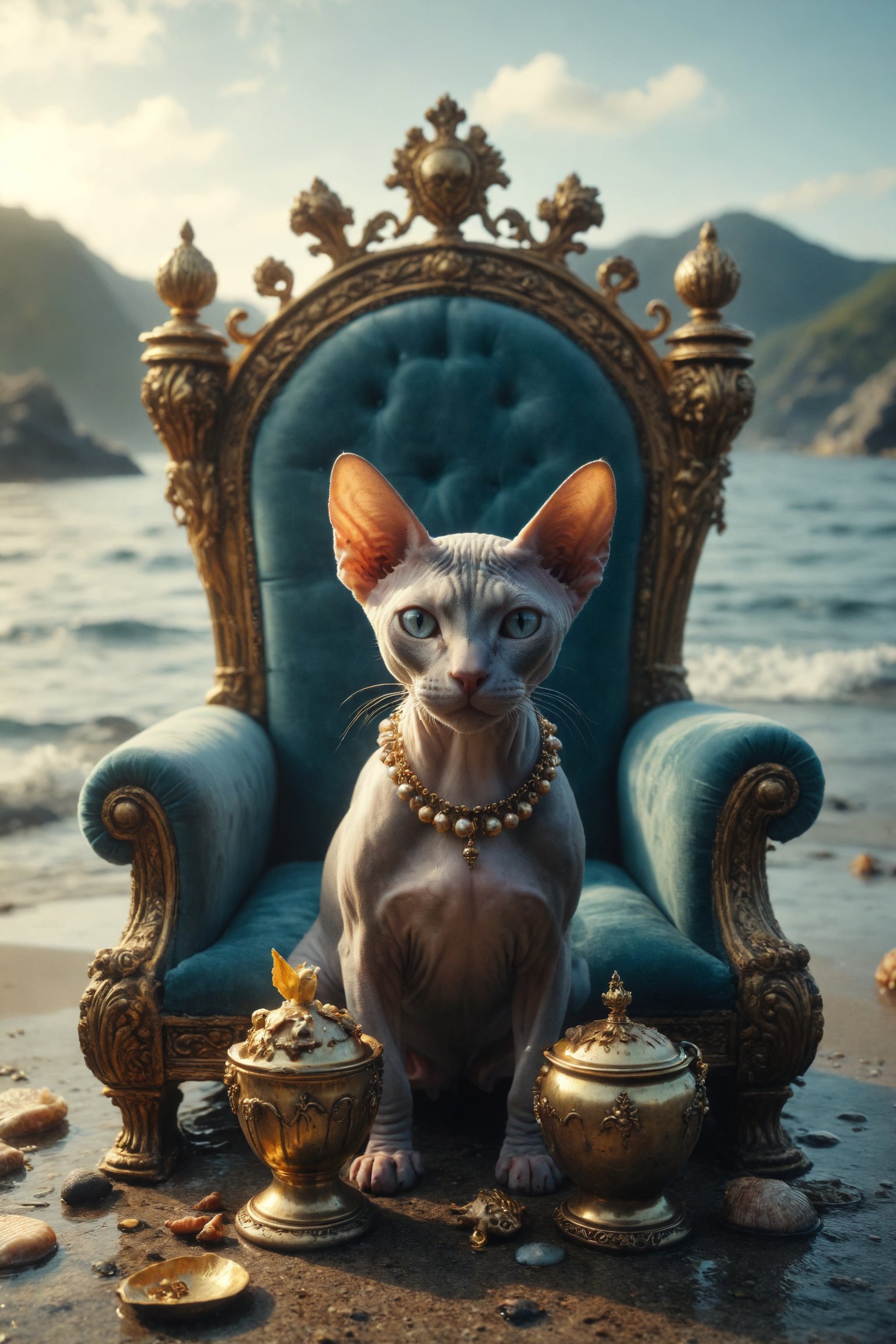 Creates an image of a female Sphynx cat with a beautiful crown on her head,  on a throne,  holding a covered golden metal...