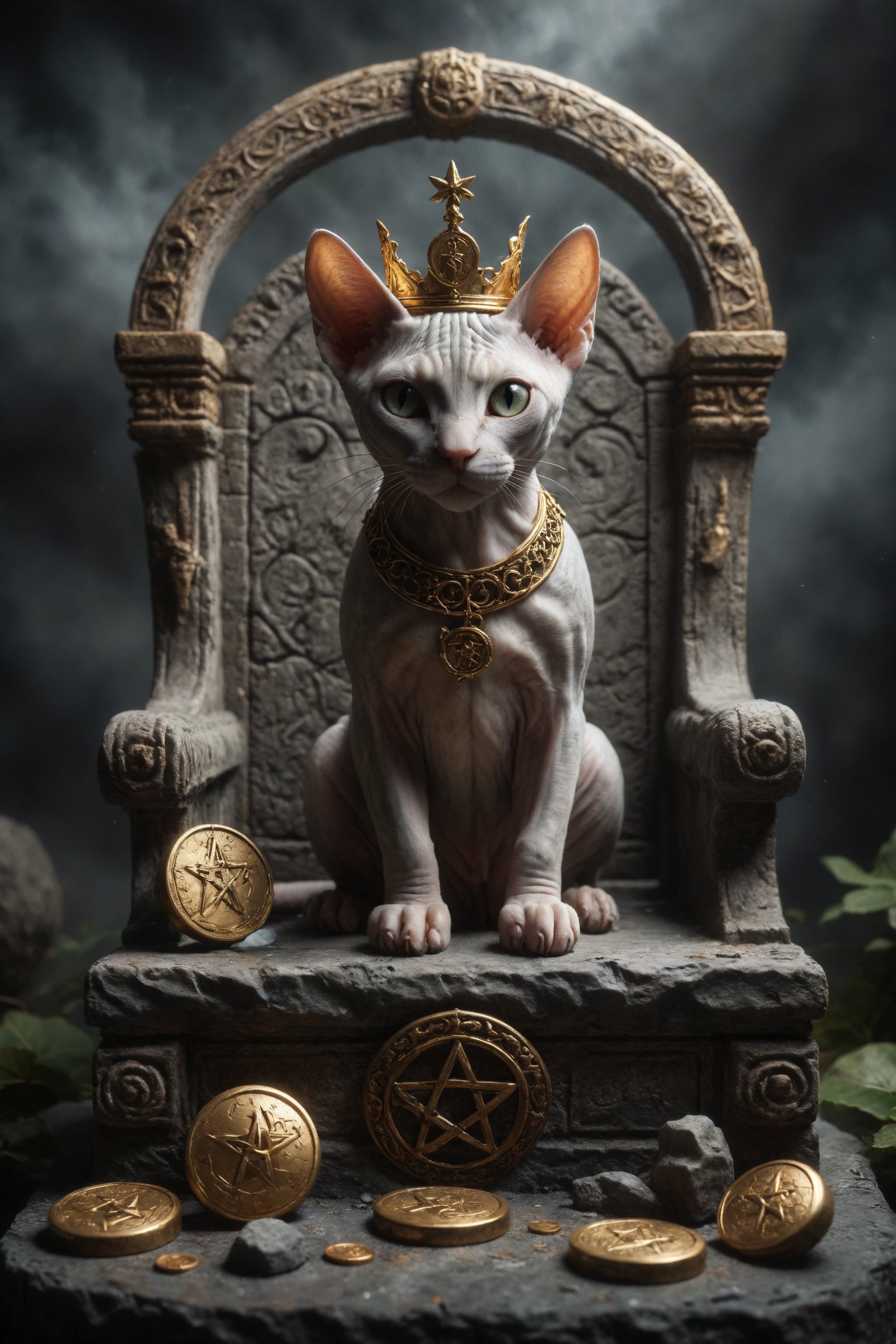 Design a scene of a Sphynx cat on a carved stone throne,  wearing a crown and holding a golden coin with a pentacle engrav...