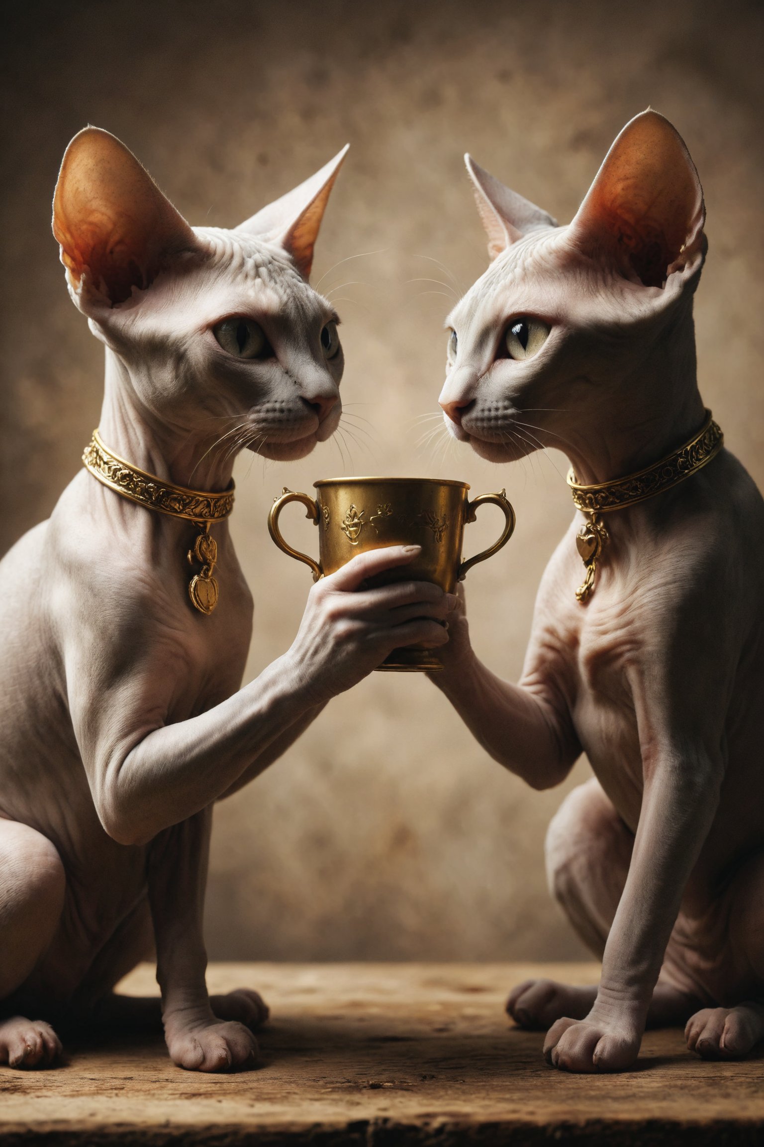 Design a scene of two Sphynx cats facing each other,  each holding a golden metal two cup and sharing a moment of union an...