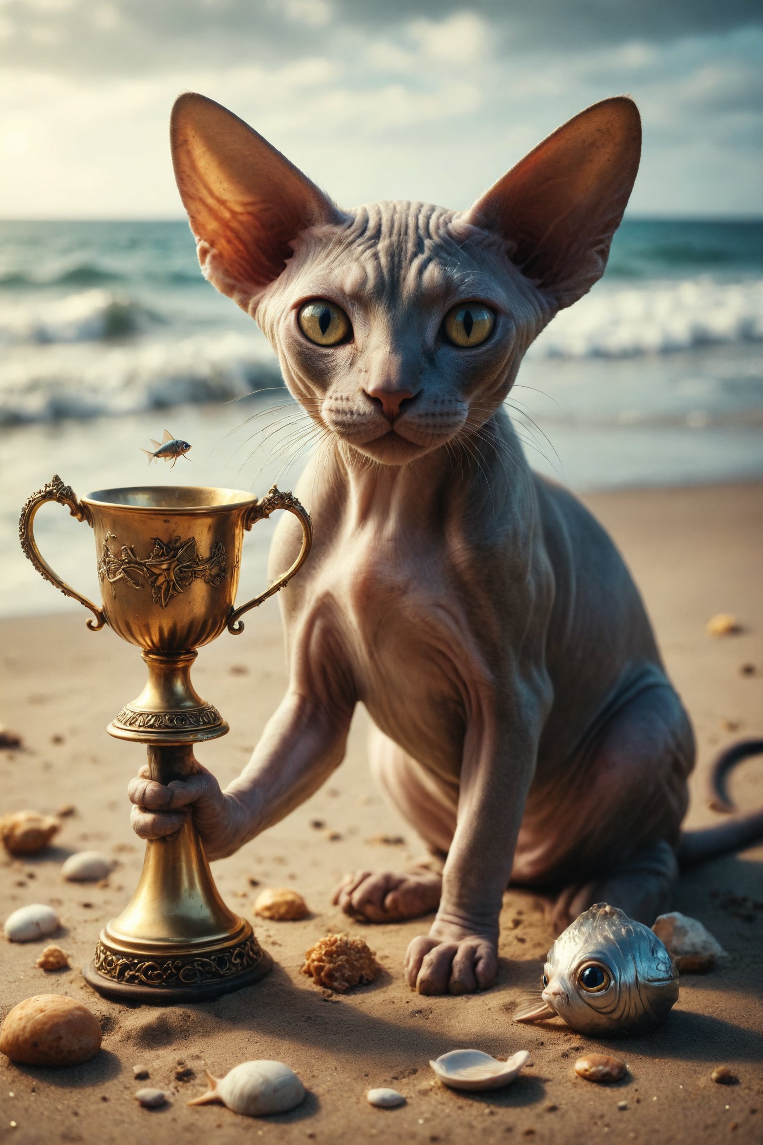 Design an image of a Sphynx cat on a sandy beach and sea holding a throphye metal golden cup from which a fish emerges by...