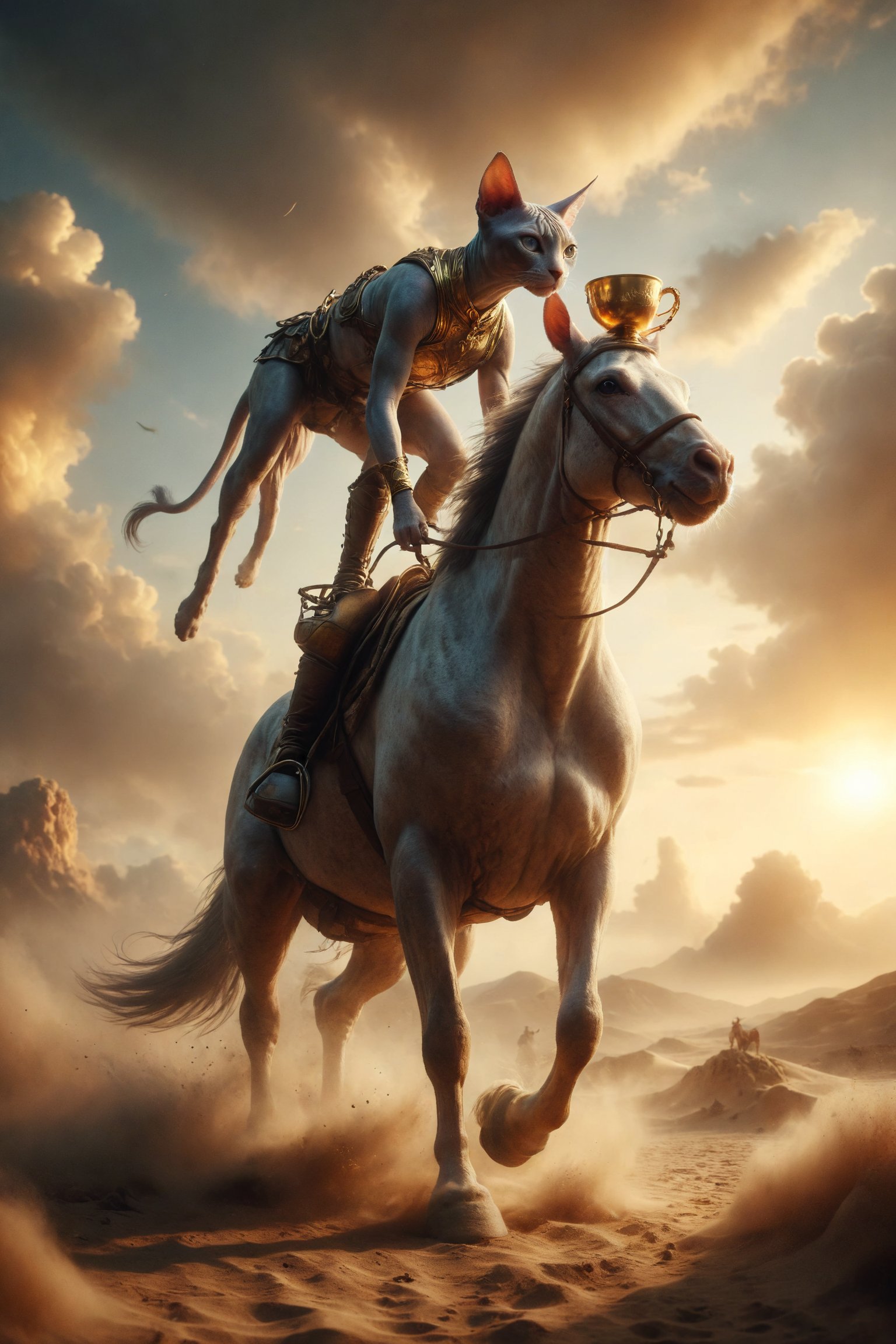 It generates a scene of a Sphynx cat riding a horse,  holding a one golden cup high and advancing gracefully,  symbolizing...
