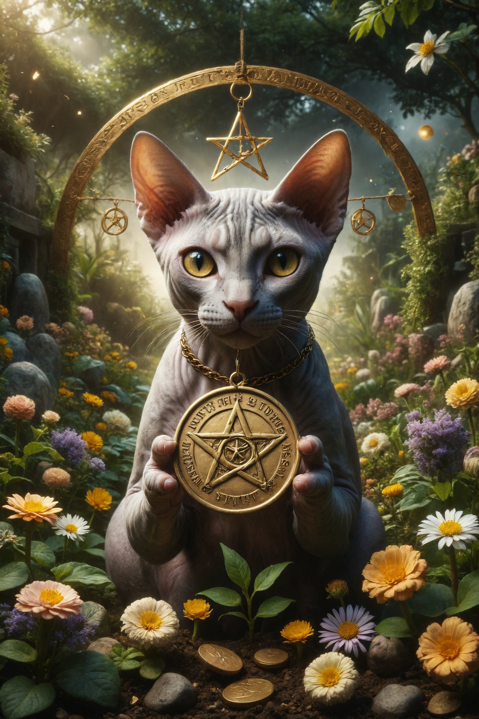Creates an image of a Sphynx cat holding a large one golden coin with a pentacle engraved on the coin,  located over a fer...