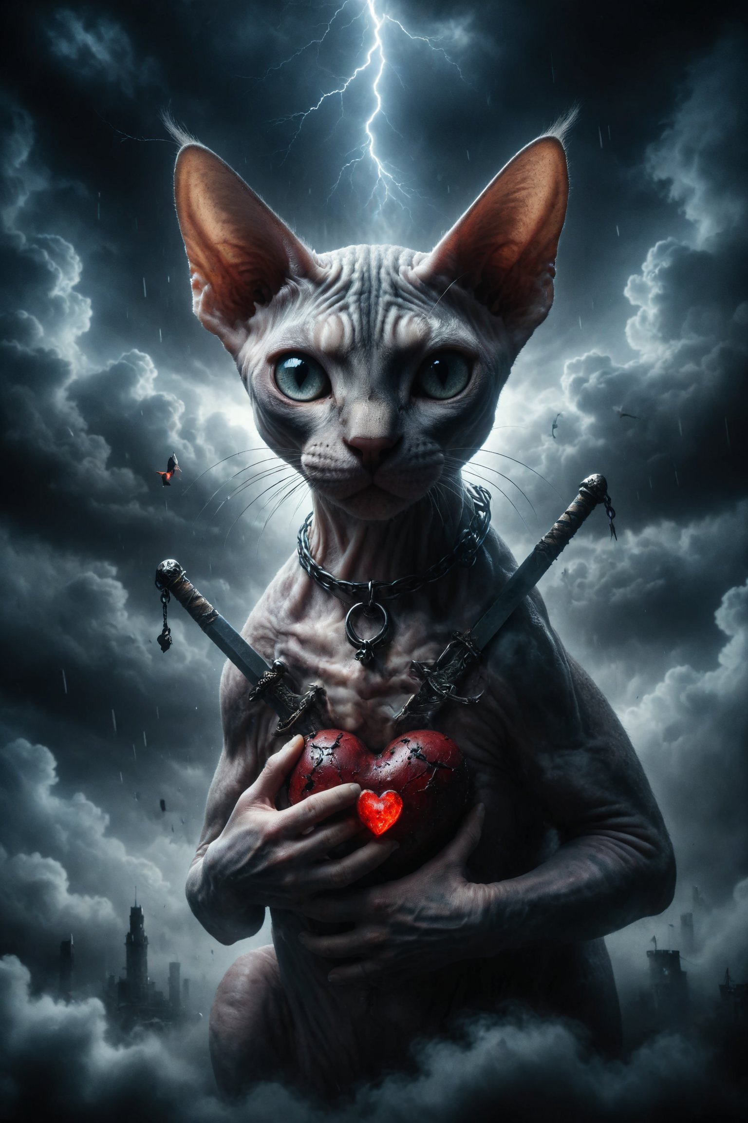 It generates an image of a Sphynx cat holding a heart pierced by 3 swords,  under a storm cloud,  symbolizing pain by ALEX...