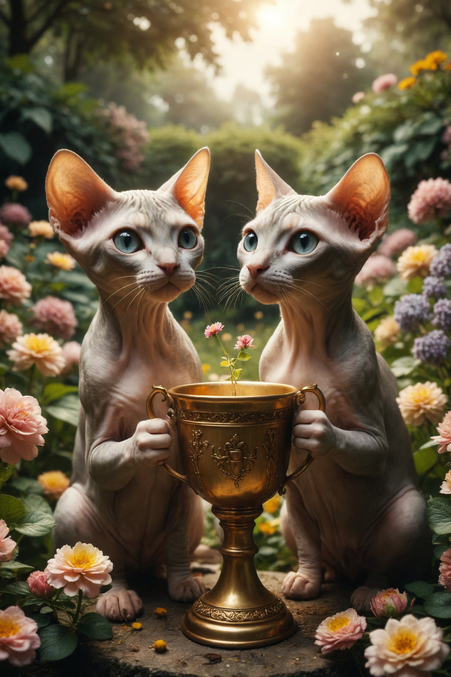 Generate a scene of two Sphynx cats in a garden,  one giving a thhpy golden cup filled with flowers to the other,  symboli...