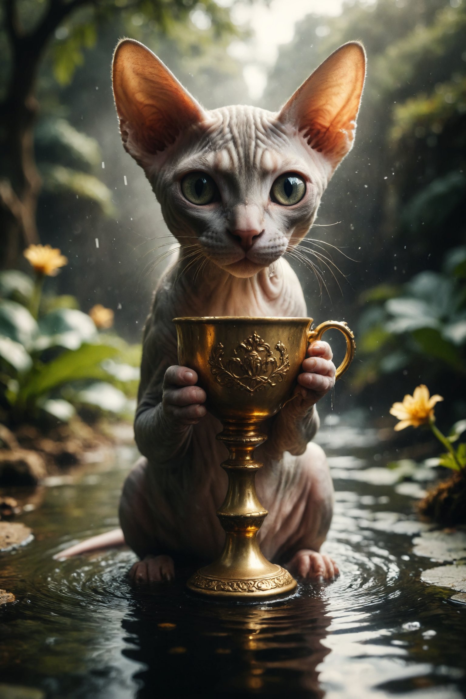 Create an image of a Sphynx cat holding a golden cup from which water flows and spills into a pond,  symbolizing love,  co...
