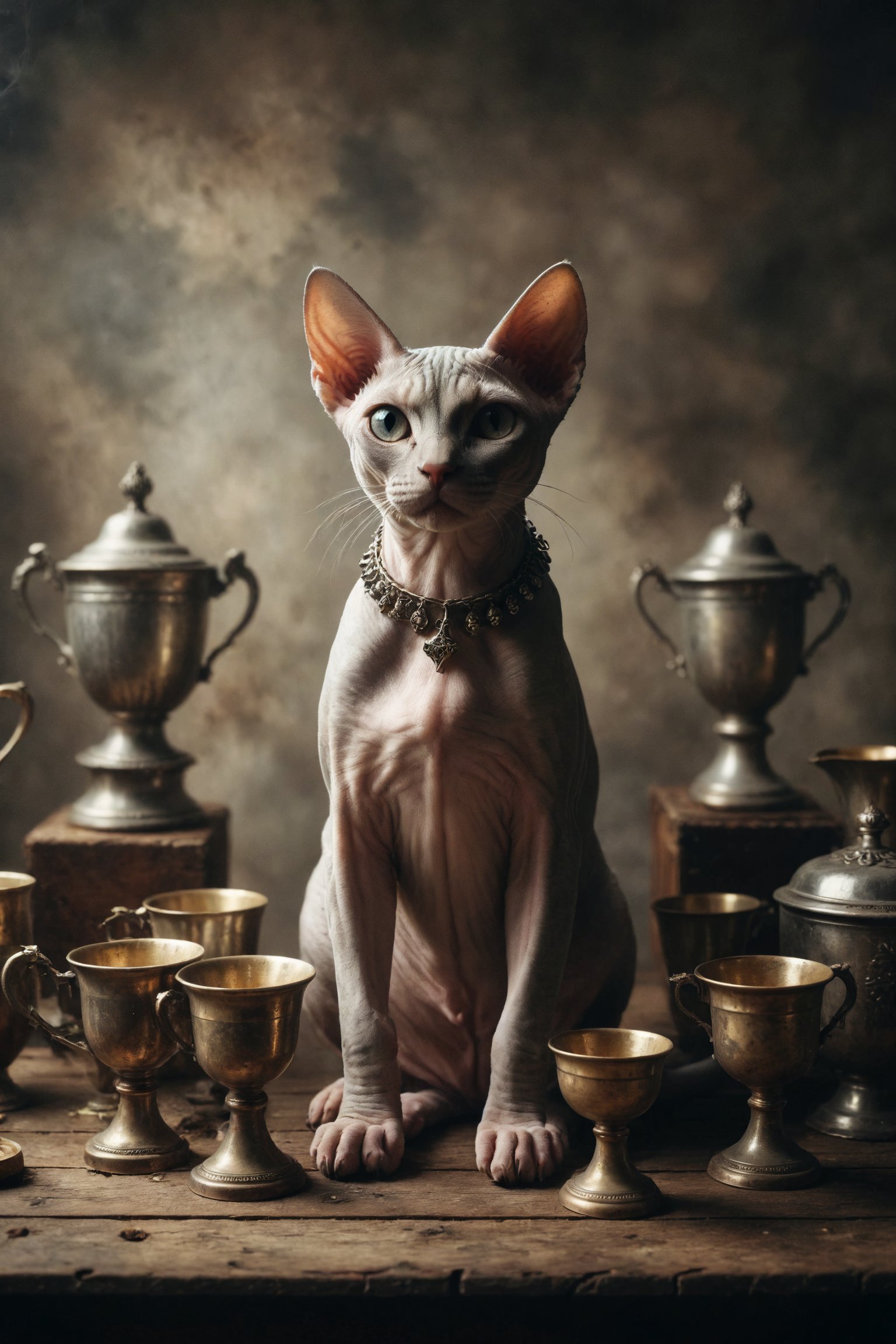 Generate an image of a Sphynx cat sitting with crossed arms,  with a row of 9 throphy olden cups behind it,  symbolizing s...