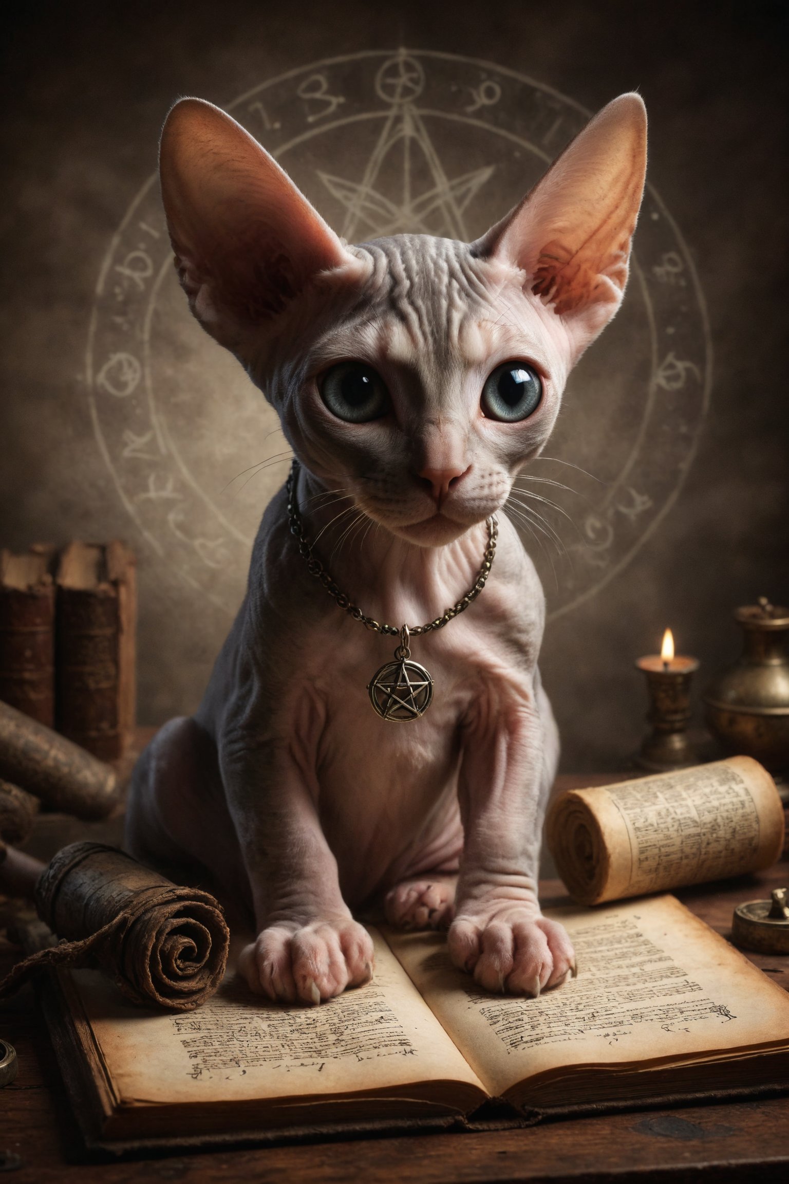 Design an image of a young Sphynx cat studying a scroll with pentacle symbols,  with an expression of curiosity and determ...