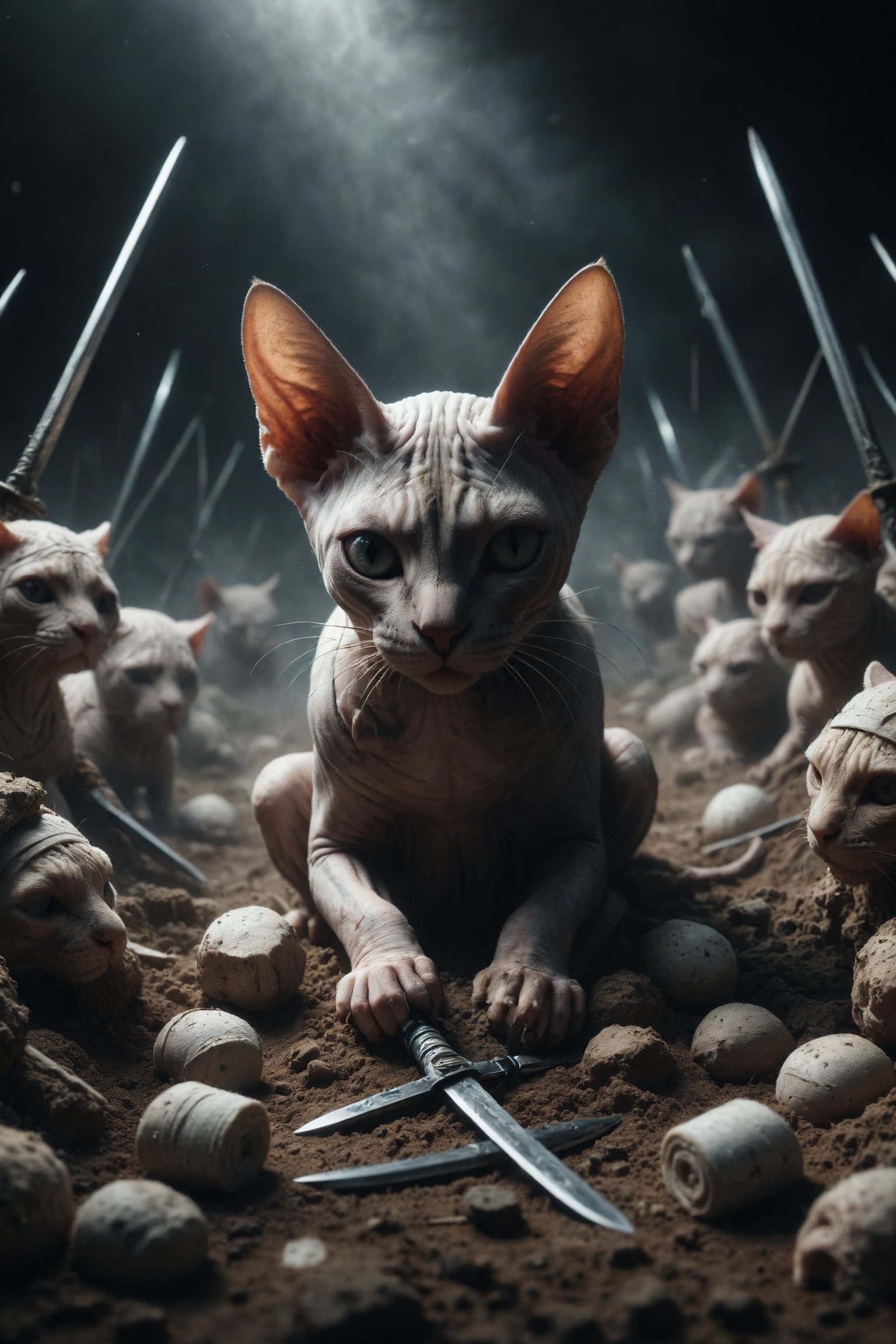Design a scene of a Sphynx cat trapped among 8 swords stuck in the ground,  blindfolded and surrounded by bandages,  symbo...