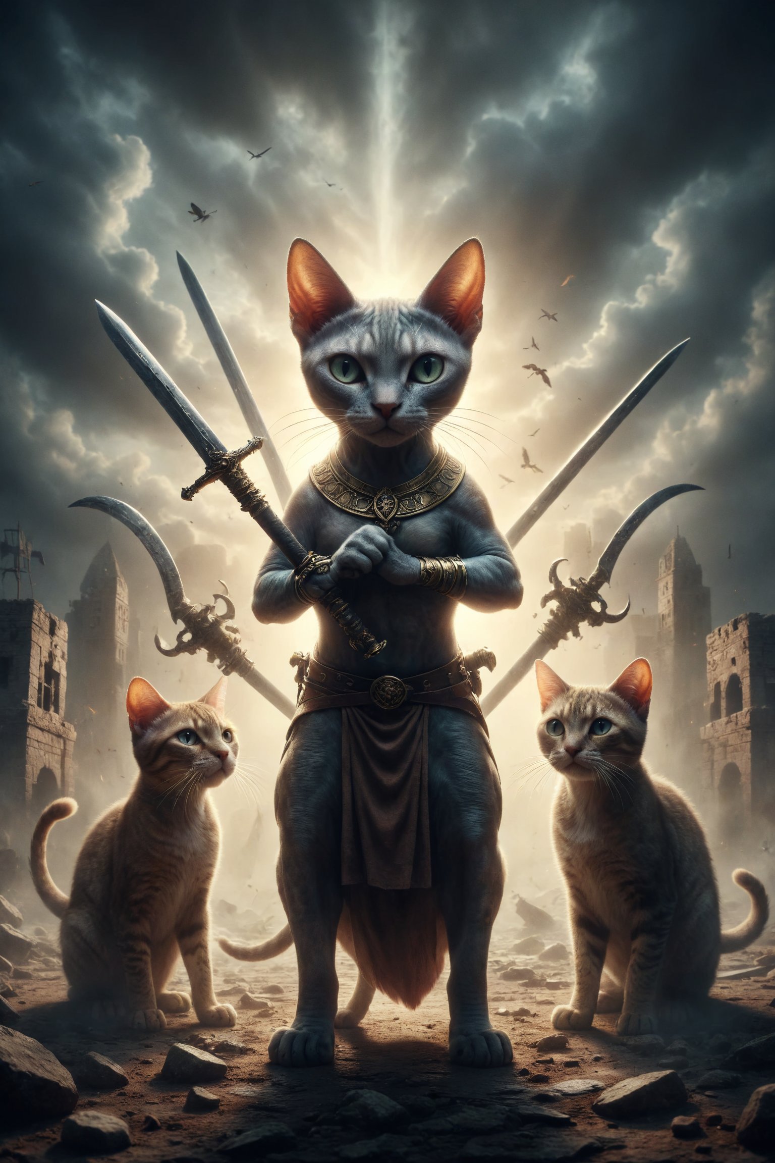 Design an image of a victorious Sphynx cat picking up three swords while two other cats retreat defeated,  symbolizing def...