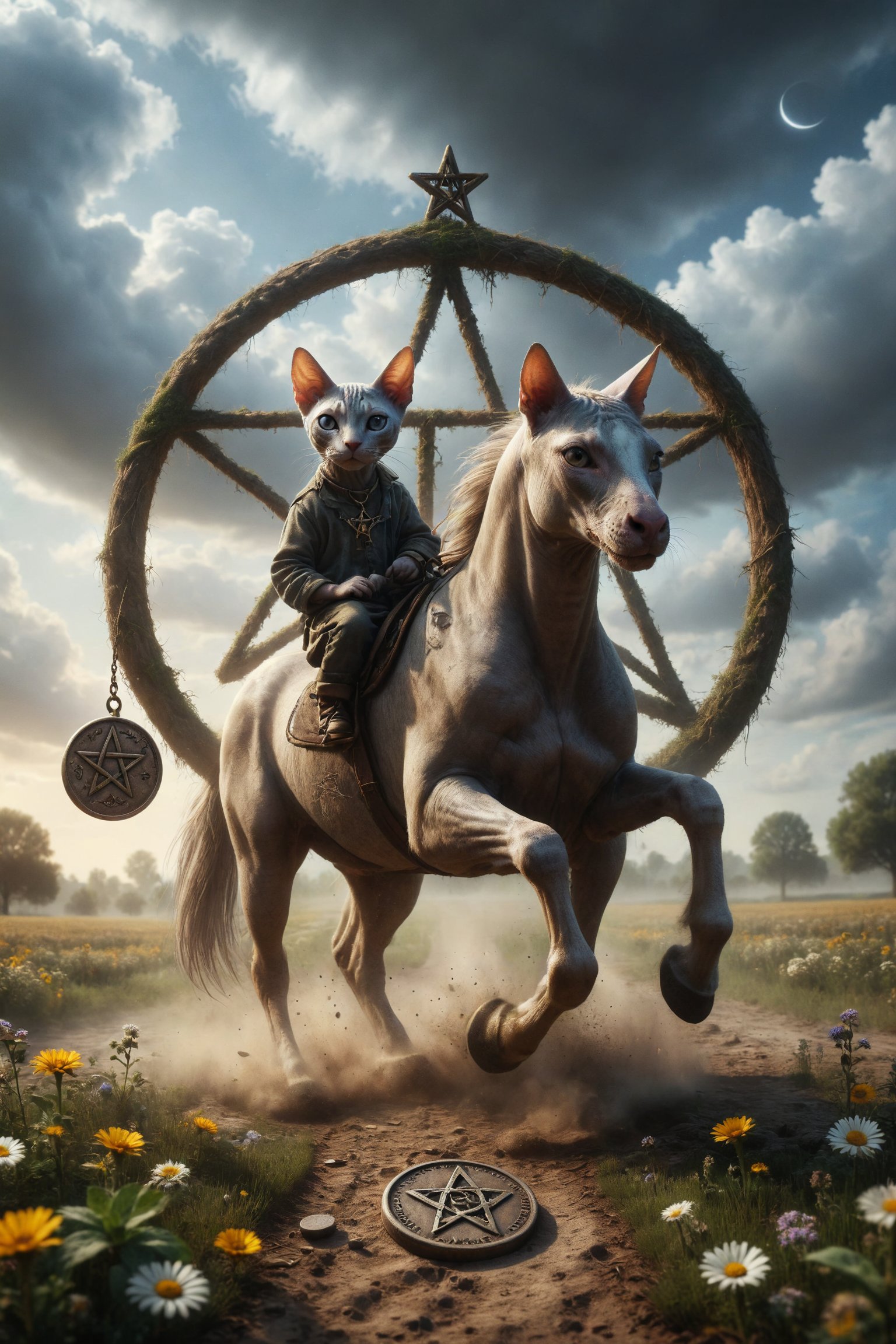 Generates a scene of a Sphynx cat riding a calm horse through a fertile field,  holding a coin with a pentacle engraved on...