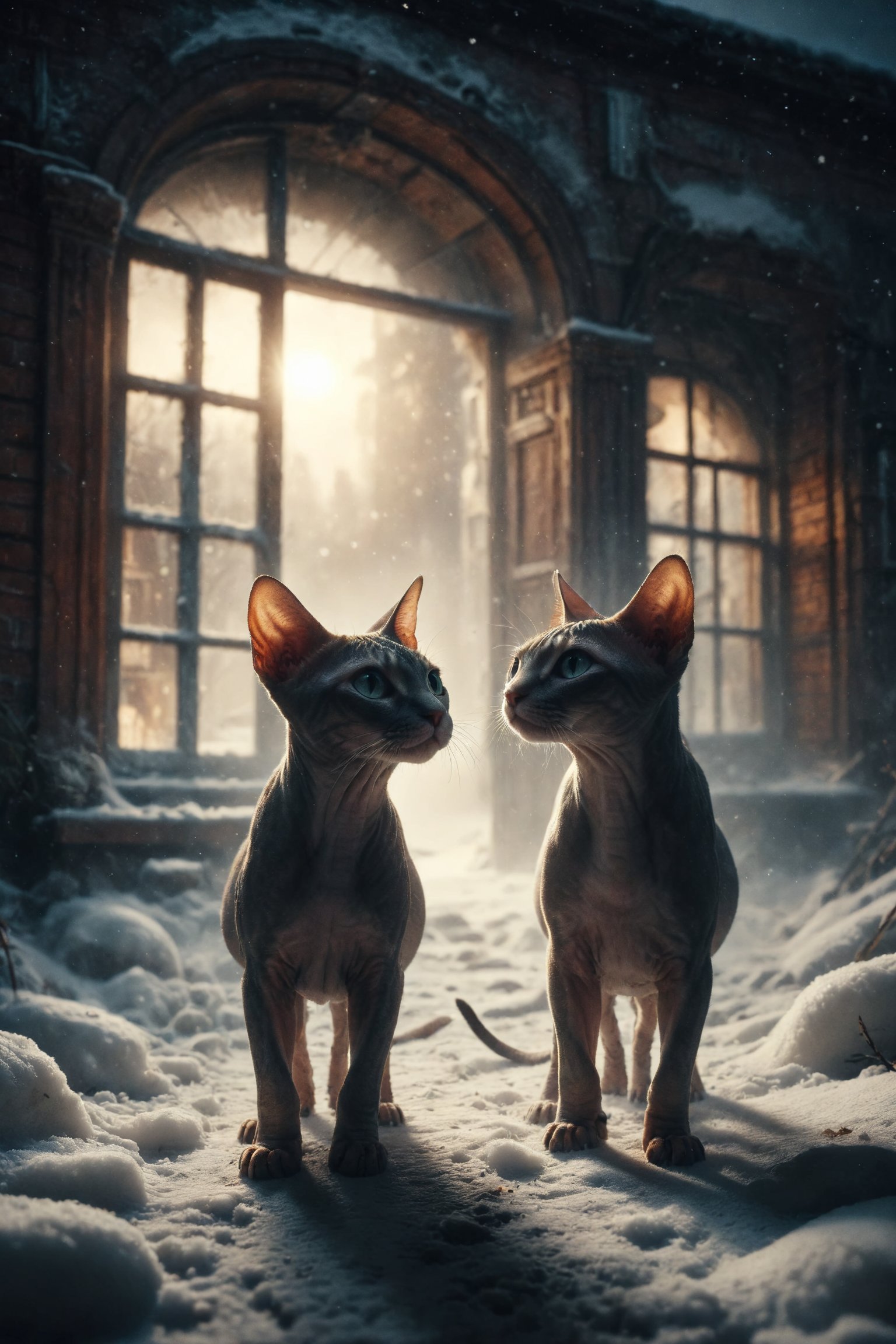 Design an image of a Sphynx cat and another cat walking together in the snow toward an illuminated window,  symbolizing sc...