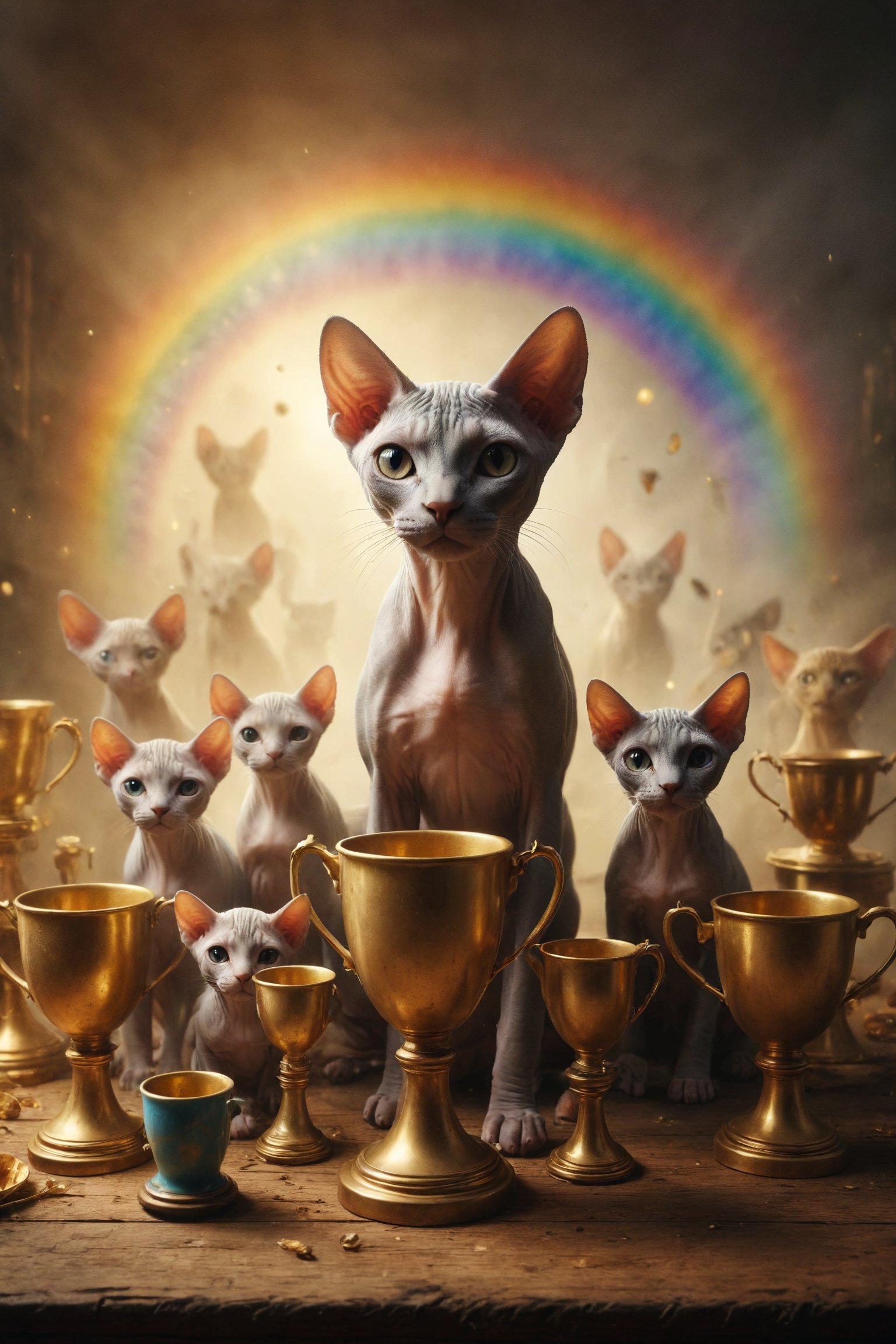 Create a scene of a Sphynx cat with its family,  under a rainbow of ten trophy golden cups,  symbolizing family happiness...
