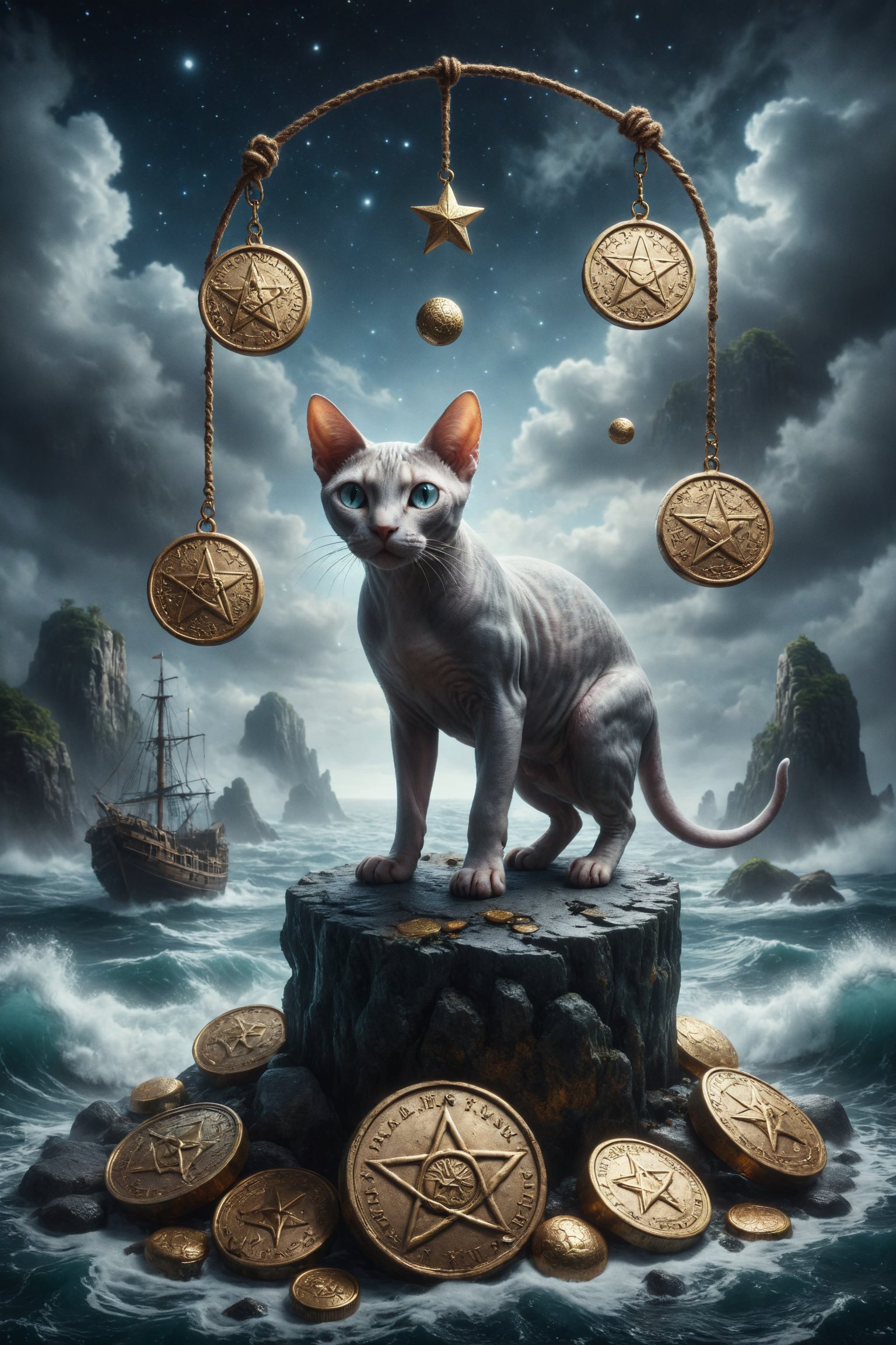 Design a scene of a Sphynx cat balancing two large coins engraved with pentacles,  with a rough sea behind,  symbolizing b...