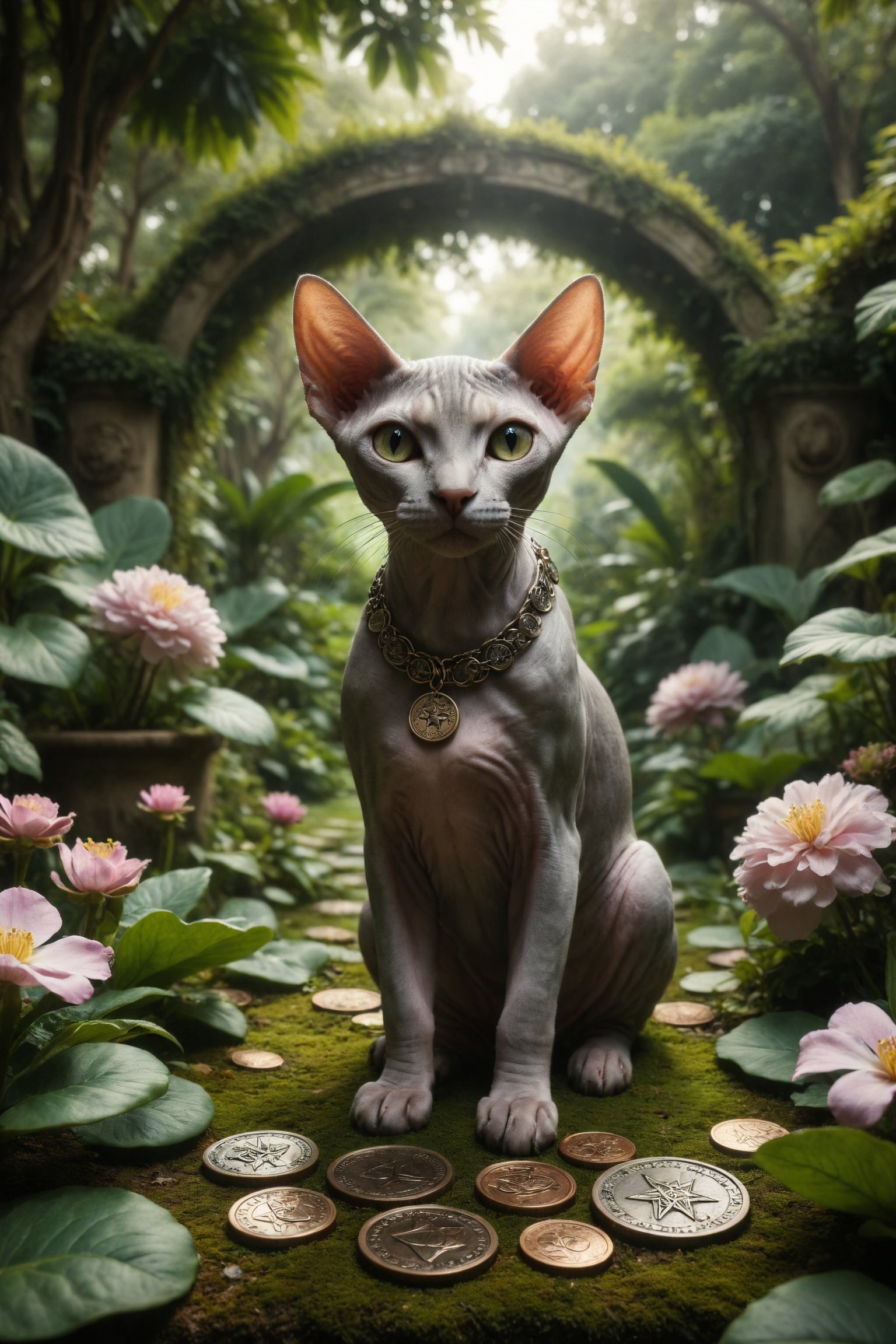 Generates an image of a Sphynx cat enjoying tranquility in a lush garden,  surrounded by luxury and comfort,  symbolizing...