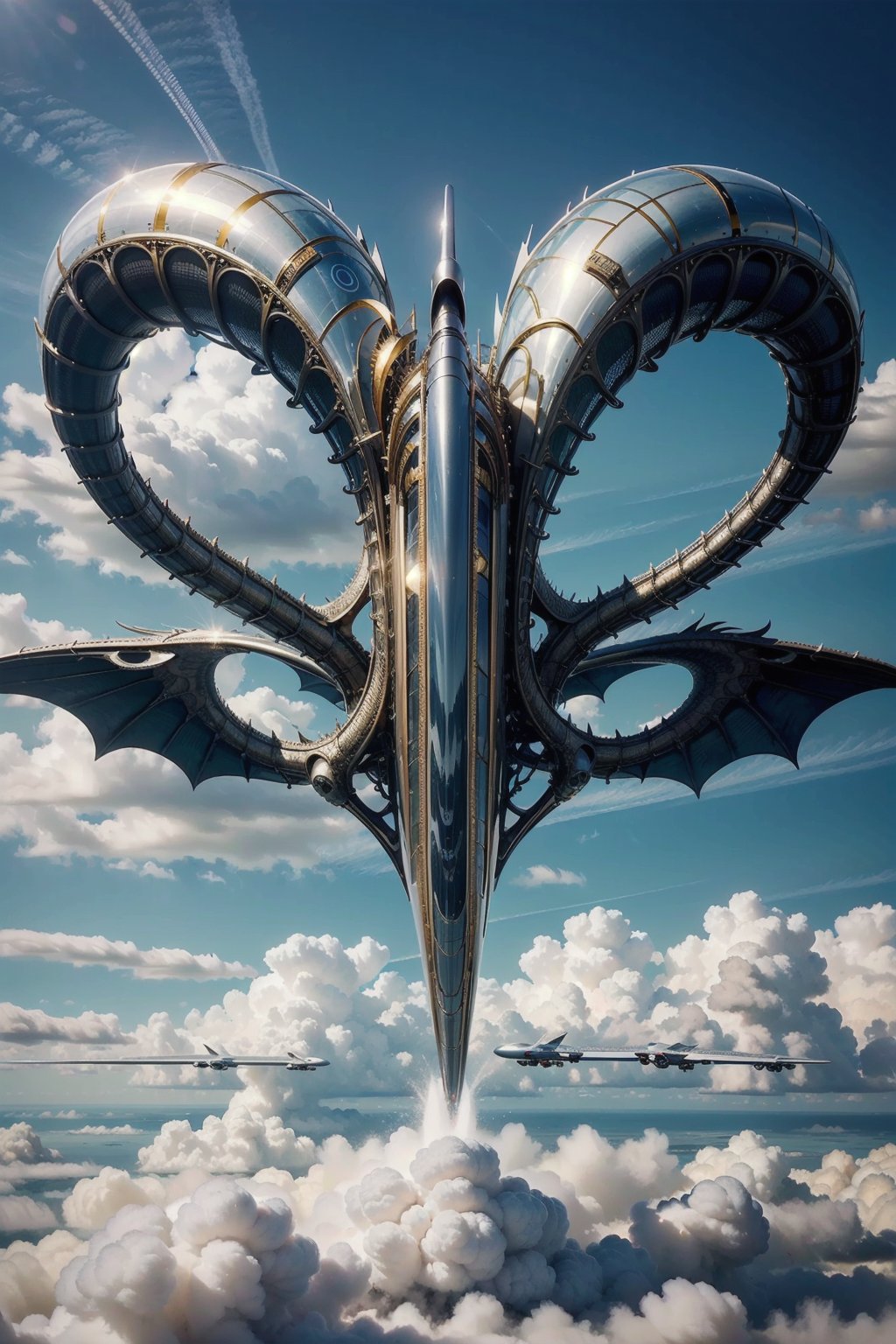 Photorealistic render in high definition of a luxury mega jet airplane on the sky, caotic scene air dragon luxury, sky, with wings on both sides and in the middle of the design, gold, white, black, turquoise, surreal concept on a private beach, very sculptural and with fluid and organic shapes, with symmetrical curves in shape of dragon wings inspired by Zaha Hadid's style, gold, with black and white details. building inside the jet and a rocket, The design is inspired by the main stage of Tomorrowland 2022, with ultra-realistic Art Deco details and a high level of image complexity.