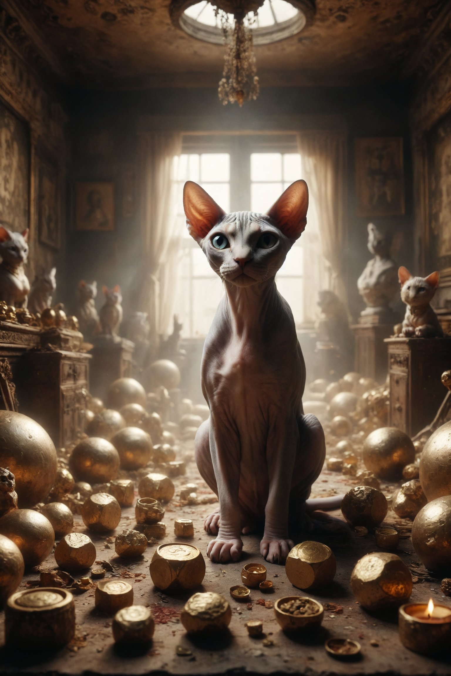 Create a scene of a Sphynx cat and its family gathered in a prosperous and stable home,  surrounded by material wealth and...