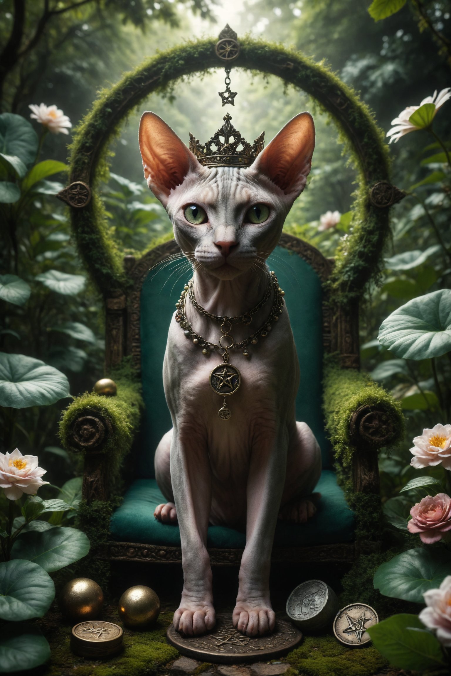 Creates an image of a female Sphynx cat with a crown on her head,  on a throne in a lush garden,  holding a coin with a pe...