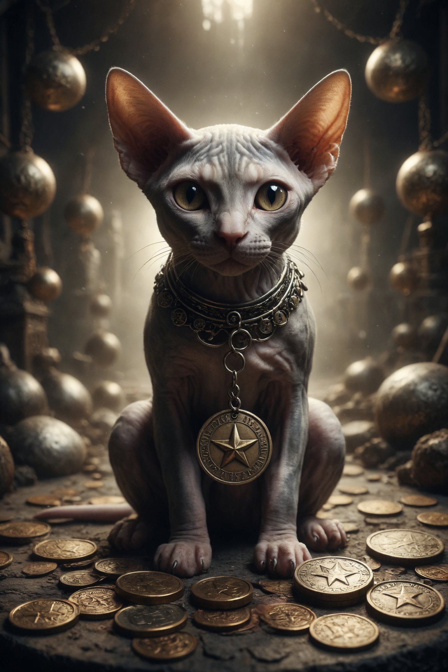 Create a scene of a Sphynx cat clutching large coins with pentacles engraved on them,  with an expression of attachment an...