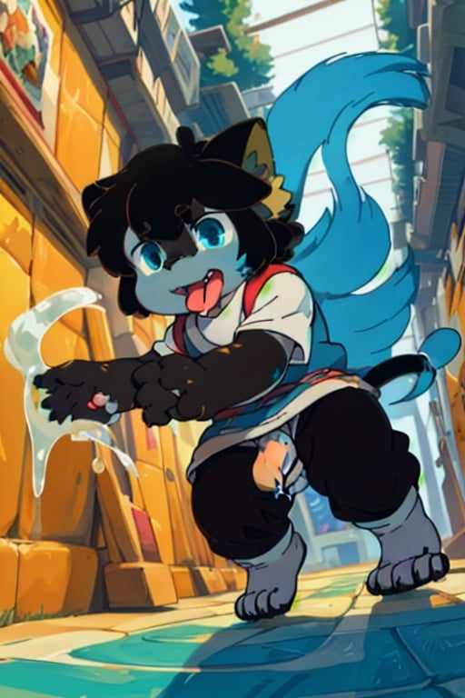 perfecteyes , (masterpiece:1.2), (anatomically correct:1.1), high quality, (((solo male anthropomorphic))) kemono furry_transformation cat fursona, 1cat boy, blue fur, blue eyes,(black nose), white hands paws, white feet, ((cat hands:1.2)), ((cat feet:1.2)),  ((sfw)), ((1boy)), absurd res, digital painting \(artwork\),male, solo:1.3, 4 toes, cat feet, reflection, countershading, discord, (motion lines:1.1),penis, tuxedo, tongue out,serve, hypnotize,ejaculate,Luo Xiaohei