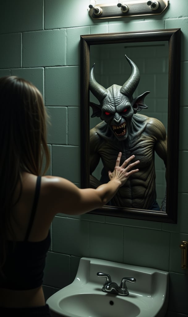 A terrifying demon comes out of the bathroom mirror and tries to grab a woman, horror movie image, horrible horror demon