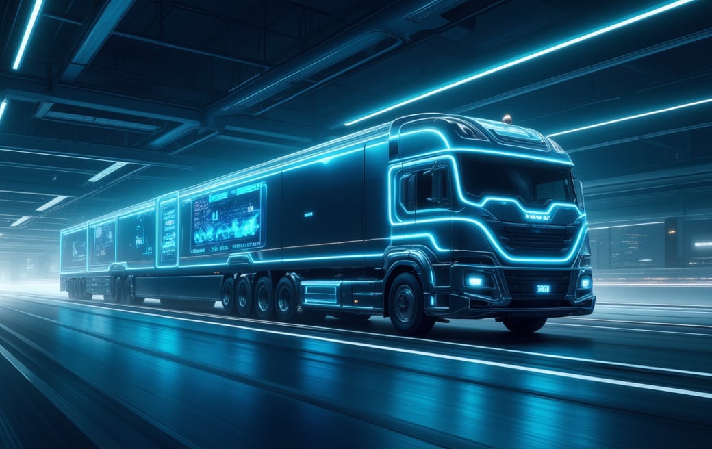 long Tron-like supertruck, racing along a futuristic city road, blue ice lights, neon lights windows, shiny metal, at night, super high quality realistic cinematic image, 8k, sharp focus