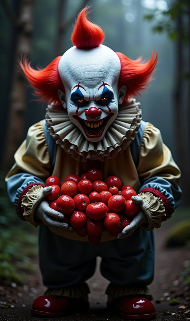 Photorealistic image ((masterpiece)), ((high quality)) UHD 8K, a scary demodic clown big long teeth, demonic evil look, painted face and clown nose, chubby, clown uniform. with a lot of blobos in his hands, full body view, ((On Halloween night)), realistic photography, natural lighting, professional DSLR camera