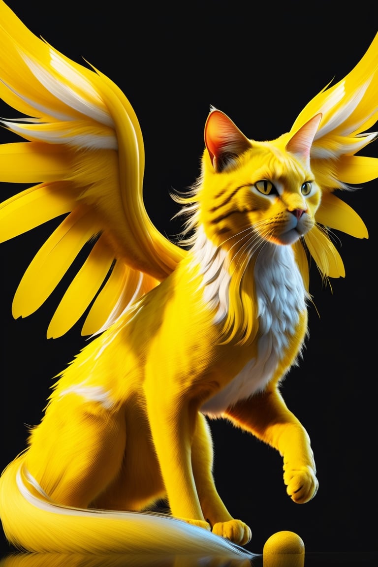 8K photorealistic image of bright yellow angelic dragon, ((yellow cat hair)), long body, ((nine cat tails)), ((bird wings))