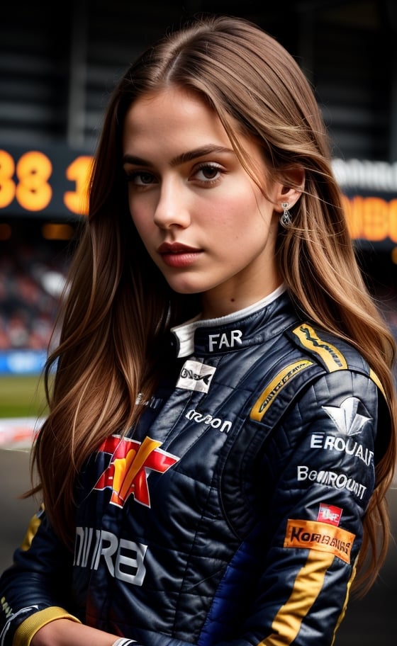 super realistic image, high quality uhd 8K, of 1 girl, detailed realistic ((slim body, high detailed)), (tall model), long bonde hair, high detailed realistic skin, (formula one racing driver uniform), real vivid colors, standing,girl,