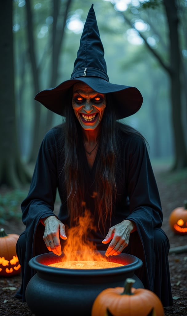 A demonic, scary witch, evil smiling face, long straight hair, sallow skin, black witch dress, pointed witch hat, preparing a spelled brew in the cauldron, deep in the forest, horror movie image, halloween horror, demonic pumpkins on the ground