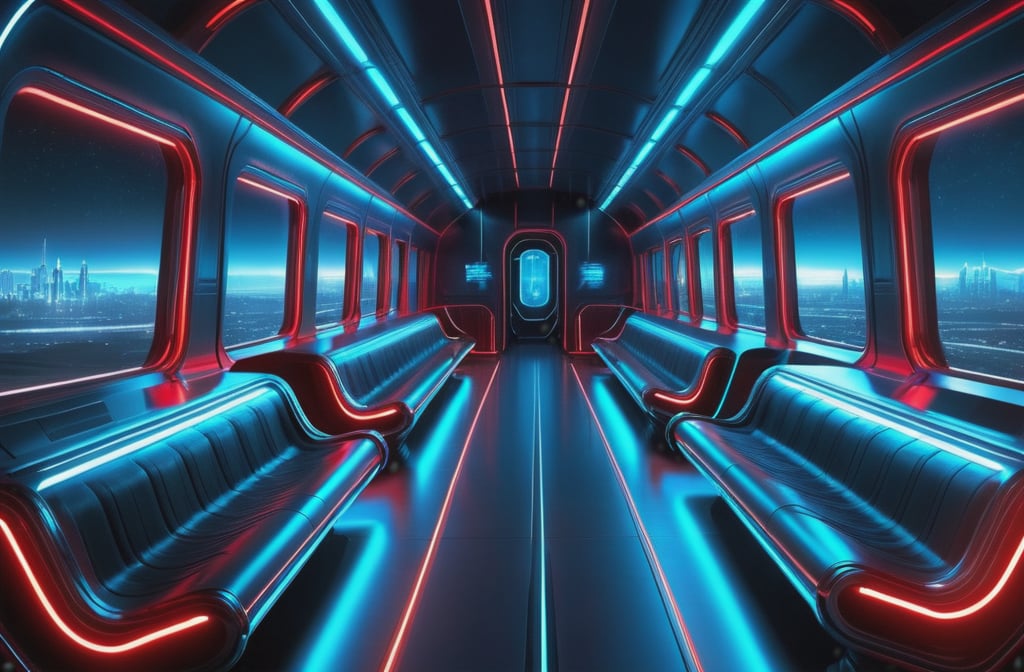 photorealistic image, masterpiece, high quality 8K, of a futuristic science fiction fantasy super long train, Tron legacy, blue and red neon lights, good lighting, at night, sharp focus