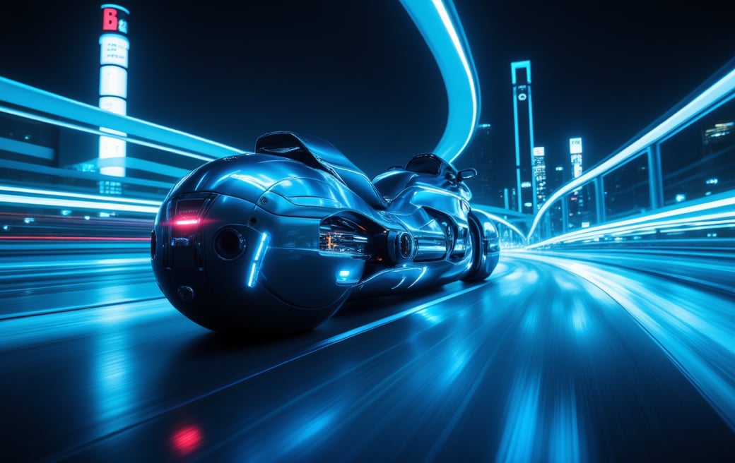 long Tron-like superbike, racing along a futuristic city road, blue ice lights, neon lights windows, shiny metal, at night, super high quality realistic cinematic image, 8k, sharp focus