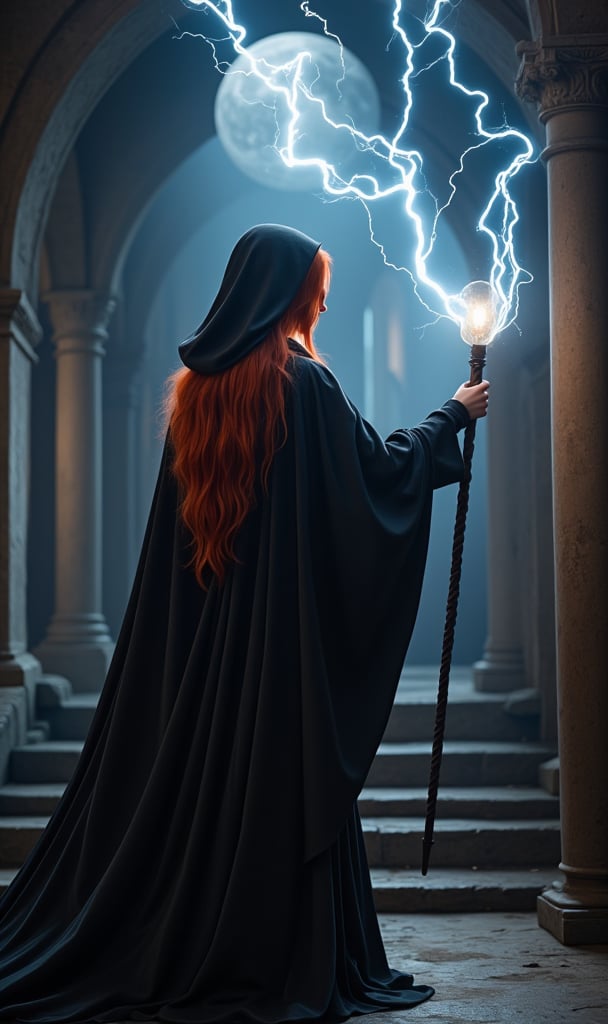 photorealistic image of a beautiful woman, long red hair, slim body, tall, ((black robe short magical skirt)), ((black cape and hood)), ((casting an electric spell with his magic staff)), ((in a castle room medieval fantasy), masterpiece, ultra image quality, high detail, sharp focus