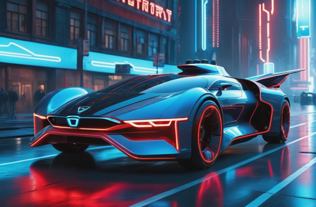 photorealistic image, masterpiece, high quality 8K, of a futuristic science fiction fantasy (((super long Flying car))), Tron legacy, blue and red neon lights, good lighting, ((flying in a cyberpunk city)), at night, sharp focus