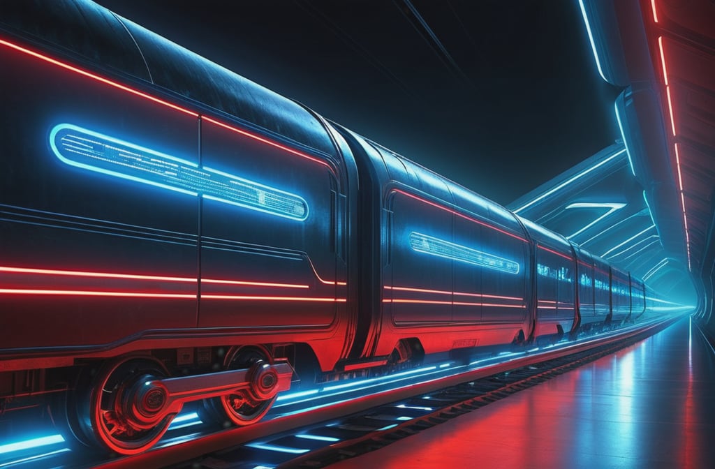 photorealistic image, masterpiece, high quality 8K, of a futuristic science fiction fantasy super long train, Tron legacy, blue and red neon lights, good lighting, at night, sharp focus