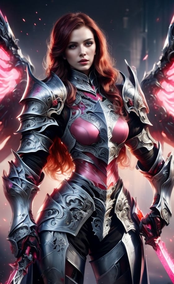 (masterpiece, best quality:1.2), Character design, ((1 girl, solo)), warrior of xian, slim body, medium chest, skinny waist, ((long deep red hair)). blue eyes. (((pink fantasy armor a female knight in a pink full armor))), (((big pauldrons, intricate details))), (((large armor wings))), (((advanced weapon fantasy plasma sword in right hand))), (standing), plain gray background, masterpiece, HD high quality, 8K ultra high definition, ultra definition,1 girl