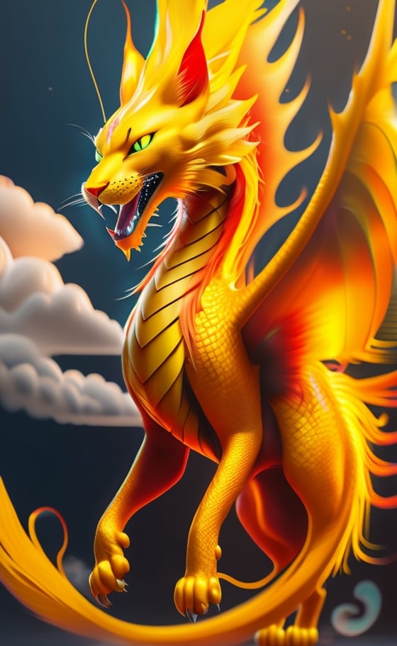 
8K photorealistic image of a bright yellow angelic dragon, ((yellow cat hair)), long body, dragon head, ((nine cat tails)), ((bird wings)), in mid-flight breathing fire mouth