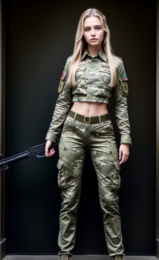 super realistic image, high quality uhd 8K, of 1 girl, detailed realistic ((slim body, high detailed)), (tall model), long blonde hair, high detailed realistic skin, (military camouflage uniform), (machine gun rifle), real vivid colors, standing