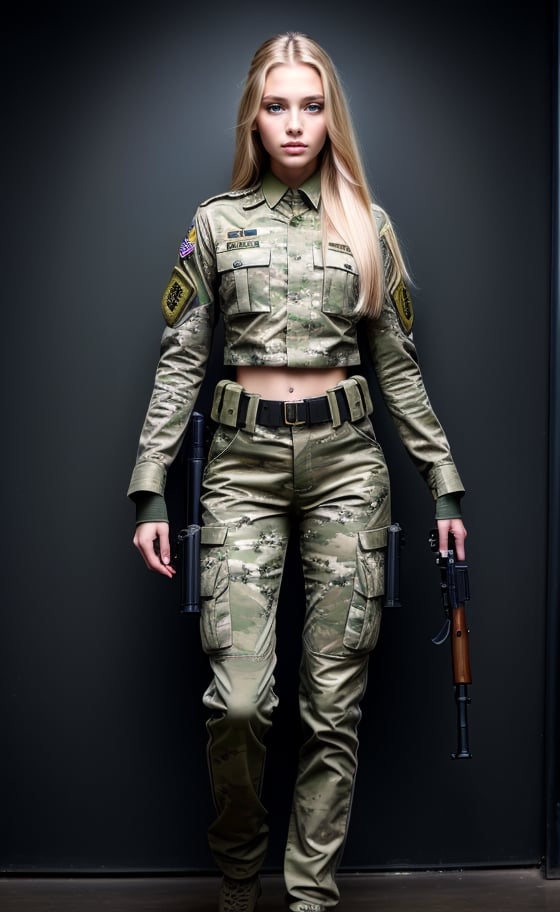 super realistic image, high quality uhd 8K, of 1 girl, detailed realistic ((slim body, high detailed)), (tall model), long blonde hair, high detailed realistic skin, (military camouflage uniform), (machine gun rifle), real vivid colors, standing