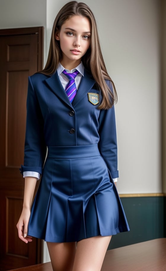 super realistic image, high quality uhd 8K, of 1 girl, detailed realistic ((slim body, high detailed)), (tall model), long brunete hair, high detailed realistic skin, (school uniform with miniskirt), real vivid colors, standing