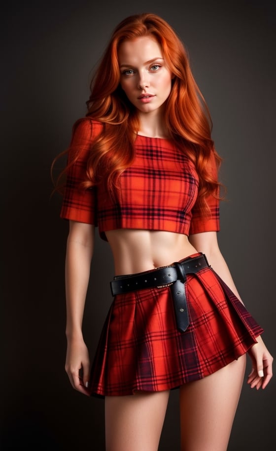 super realistic image, high quality uhd 8K, of 1 girl, detailed realistic ((slim body, high detailed)), (tall model), redhead long ginger hair, high detailed realistic skin, (tight top and sexy plaid mini skirt with belt), real vivid colors, standing,girl