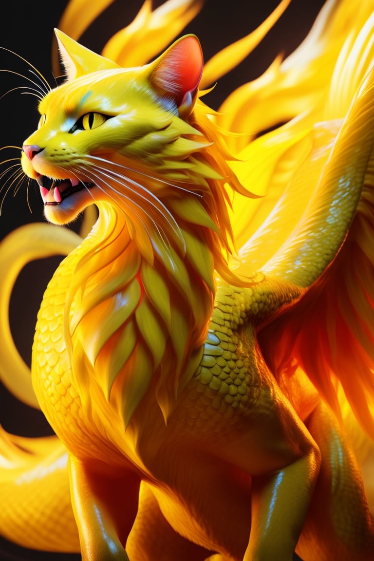 
8K photorealistic image of a bright yellow angelic dragon, ((yellow cat hair)), long body, dragon head, ((nine cat tails)), ((bird wings)), in mid-flight breathing fire mouth