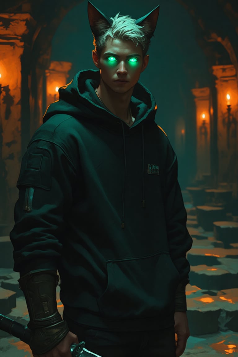 In the dimly lit center of an underground dungeon hall, a handsome young blonde man with slim figure and feminine face stands confidently, exuding an air of mystery and intrigue. He is dressed in a black hoodie that features a unique design: the hood is stylized to resemble a cat's head, complete with pointed ears that perk up in the flickering light. The hood frames his face, casting shadows that accentuate his striking features and piercing blue eyes, which seem to glimmer with determination.

The glowing green eyes of the cat hood add an otherworldly touch, illuminating his expression with an eerie yet captivating glow, contrasting sharply against the dark fabric of his attire. The atmosphere around him is thick with the scent of damp stone and the flickering light from bronze braziers lining the walls, casting warm, dancing shadows that enhance the dungeon’s enigmatic ambiance.

In his right hand, he holds a stone knife, its rough surface glinting in the dim light. The weapon, seemingly primitive yet beautifully crafted, complements his adventurous spirit. The young man stands poised and alert, ready to face whatever challenges lie ahead in the depths of the dungeon. His presence is both commanding and enigmatic, a blend of youthful charm and fierce determination, perfectly suited for the shadowy world around him.