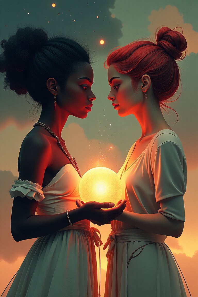 Digital illustration of two young women standing together, each holding a glowing orb that radiates an ethereal warm light. One woman has beautiful black skin and a voluminous curly afro, exuding confidence and grace. She wears flowing white garments that seem to float around her, enhancing her ethereal presence. 

Beside her, the second woman has striking reddish hair that cascades in soft waves around her shoulders, complementing her warm brown eyes. She, too, is dressed in elegant white attire that creates a harmonious and serene aesthetic. 

The orb they hold between them emits a soft, golden glow, illuminating their faces and casting gentle light on their surroundings. The atmosphere is magical and enchanting, with the warm light highlighting their stunning features and creating a sense of unity and power between the two women. Their expressions reflect a mix of wonder and determination, suggesting a deeper connection to the orb and the mystical energy it represents.