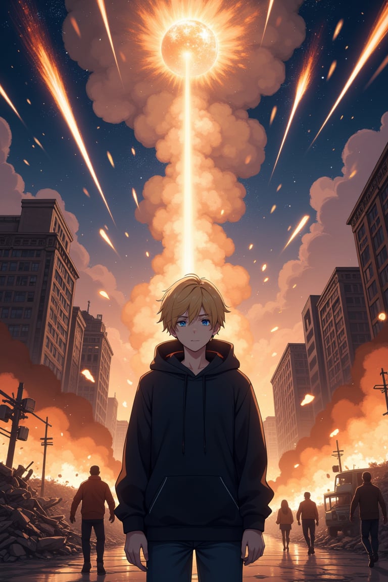 In a vivid anime illustration, a young blonde man is depicted standing resolutely in the midst of a tumultuous meteor shower, his black hoodie billowing dramatically in the fierce winds. The sky is ablaze with fiery streaks as meteors streak down like blazing comets, their incandescent tails illuminating the darkened atmosphere. Around him, the city lies in ruins—a landscape of twisted metal, crumbling buildings, and billowing smoke that obscures the sun, casting an ominous shadow over the scene. 

Flames dance hungrily from the remnants of structures, their harsh crackling a stark contrast to the eerie silence left in the wake of destruction. The air is thick with the acrid scent of burning debris, mingling with the palpable tension of despair and chaos. The young man's determined face—eyes wide with a mix of fear and unwavering resolve—captures the emotional gravity of the moment, while ash swirls around him like confetti in a tragic celebration.

In the background, fleeing citizens can be seen rushing through the streets, their silhouettes darting past shattered glass and overturned vehicles, their expressions filled with panic and desperation. Amidst the chaos, a distant siren wails mournfully, and the ground trembles beneath the impact of falling meteors, emphasizing the fragility of this once-bustling metropolis.