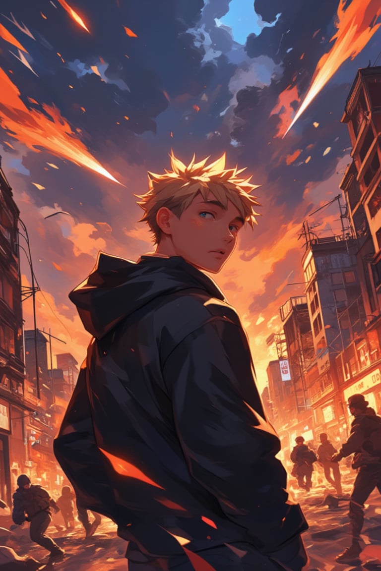 In a vivid anime illustration, a young blonde man is depicted standing resolutely in the midst of a tumultuous meteor shower, his black hoodie billowing dramatically in the fierce winds. The sky is ablaze with fiery streaks as meteors streak down like blazing comets, their incandescent tails illuminating the darkened atmosphere. Around him, the city lies in ruins—a landscape of twisted metal, crumbling buildings, and billowing smoke that obscures the sun, casting an ominous shadow over the scene. 

Flames dance hungrily from the remnants of structures, their harsh crackling a stark contrast to the eerie silence left in the wake of destruction. The air is thick with the acrid scent of burning debris, mingling with the palpable tension of despair and chaos. The young man's determined face—eyes wide with a mix of fear and unwavering resolve—captures the emotional gravity of the moment, while ash swirls around him like confetti in a tragic celebration.

In the background, fleeing citizens can be seen rushing through the streets, their silhouettes darting past shattered glass and overturned vehicles, their expressions filled with panic and desperation. Amidst the chaos, a distant siren wails mournfully, and the ground trembles beneath the impact of falling meteors, emphasizing the fragility of this once-bustling metropolis.