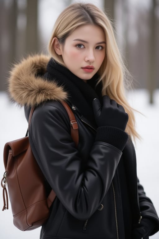 Captured at eye-level, a blonde woman stands in a winter scene, her hair cascades over her shoulders. She is dressed in a black leather jacket, a brown leather backpack, and black gloves. Her coat is adorned with a brown fur hood, adding a touch of warmth to her outfit. The background is blurred, creating a stark contrast to the woman's outfit.