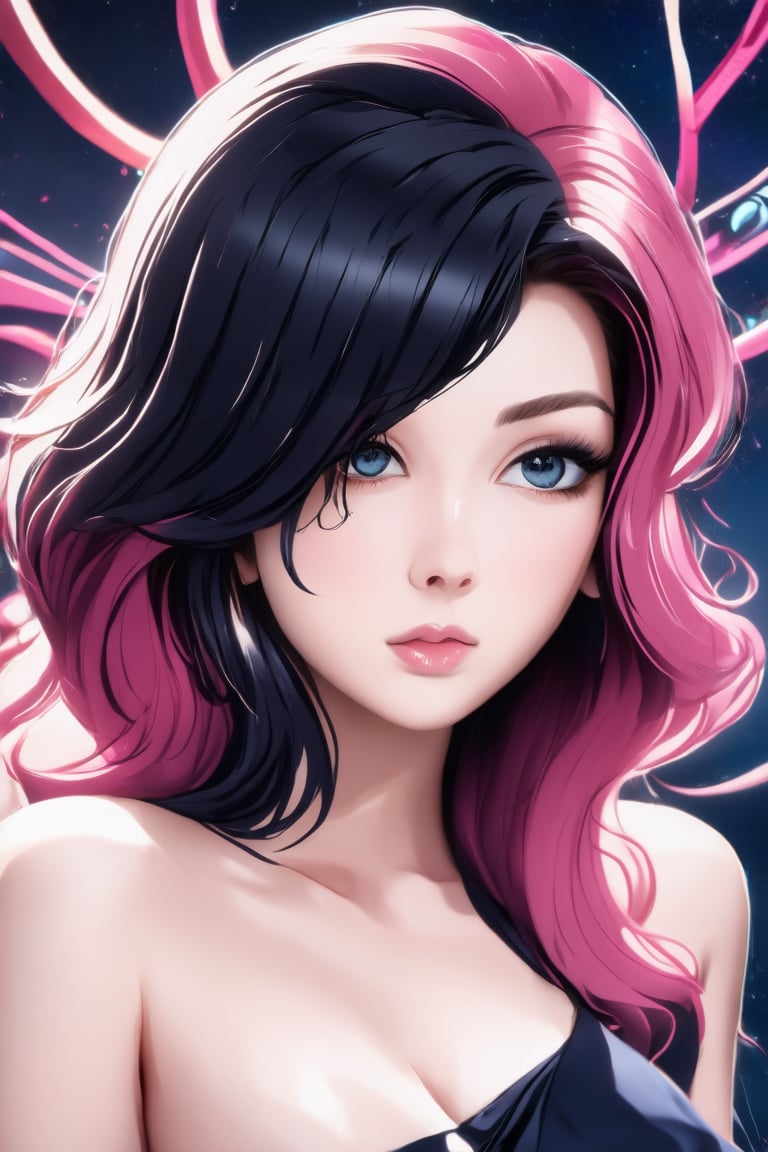 A captivating portrait of a mix black and pink medium hair style with luscious, big wavy locks framing her radiant face. Behind her, a vibrant digital abstract visuals adds a pop of color to the serene atmosphere.,Enhance,Realistic Enhance,Cartoon