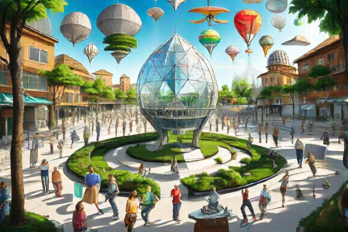 The image is an artistic rendering of a futuristic city concept, emphasizing environmental and social themes. The central structure resembles a geodesic dome with a glass-like exterior, surrounded by various zones indicated as "UP ZONE," "PAPER PLANE," "SOCIAL AIR ZONE," and "YOLAND." These zones are likely to represent different aspects or areas within the urban design, such as recreation, transportation, and community spaces. The presence of hot air balloons and kites suggests a focus on leisure activities and perhaps renewable energy sources. The depiction of people in various activities, such as walking and gardening, reinforces the image's portrayal of a vibrant, community-oriented urban environment. The artwork uses bright colors and detailed illustrations to convey a sense of optimism and innovation in urban planning.