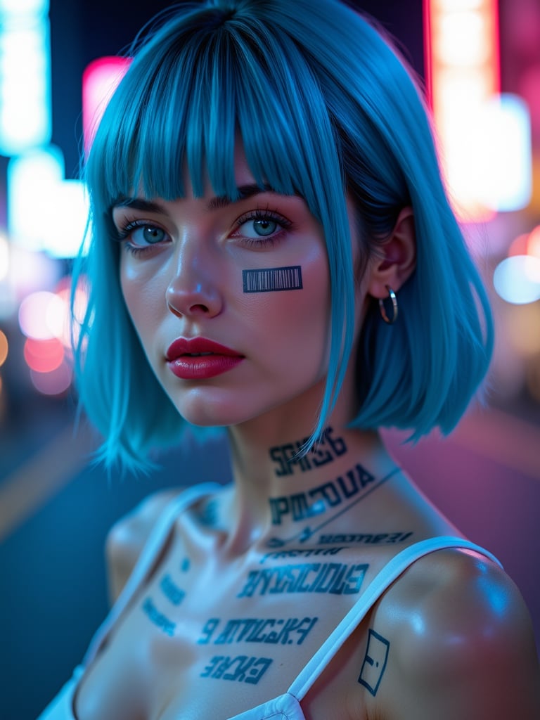 A lone figure stands against a neon-lit backdrop,  her bold features illuminated by the city's artificial glow. Her pierci...