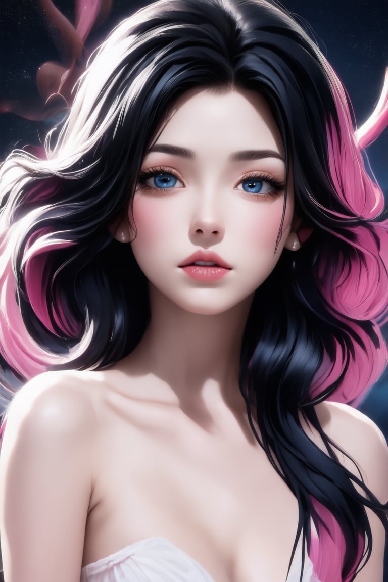 A captivating portrait of a mix black and pink medium hair style with luscious, big wavy locks framing her radiant face. Behind her, a vibrant digital abstract visuals adds a pop of color to the serene atmosphere.,Enhance,Realistic Enhance,Cartoon